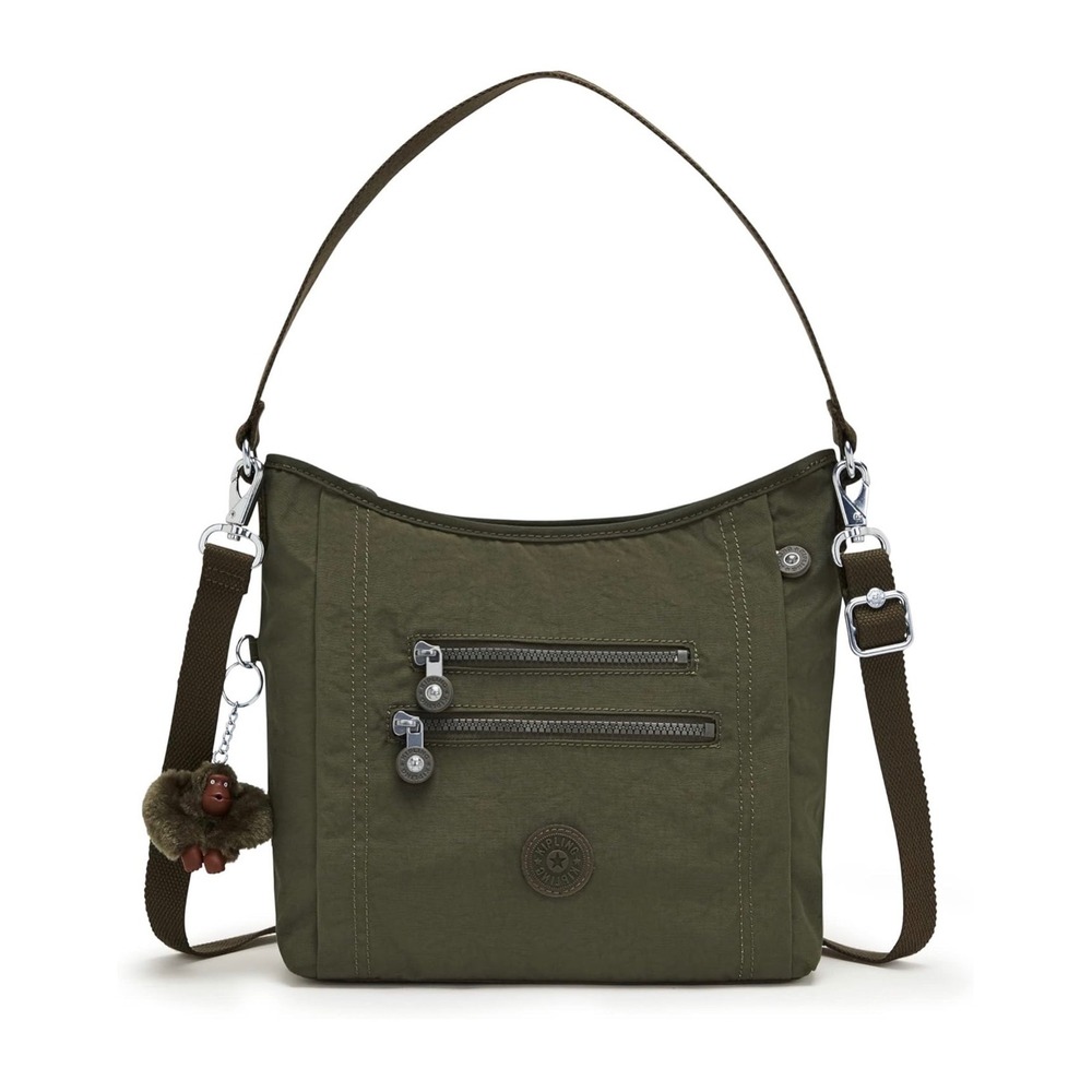 Kipling Shoulder Bag Khaki Green Nylon Zip Monkey Charm Adjustable Belammie